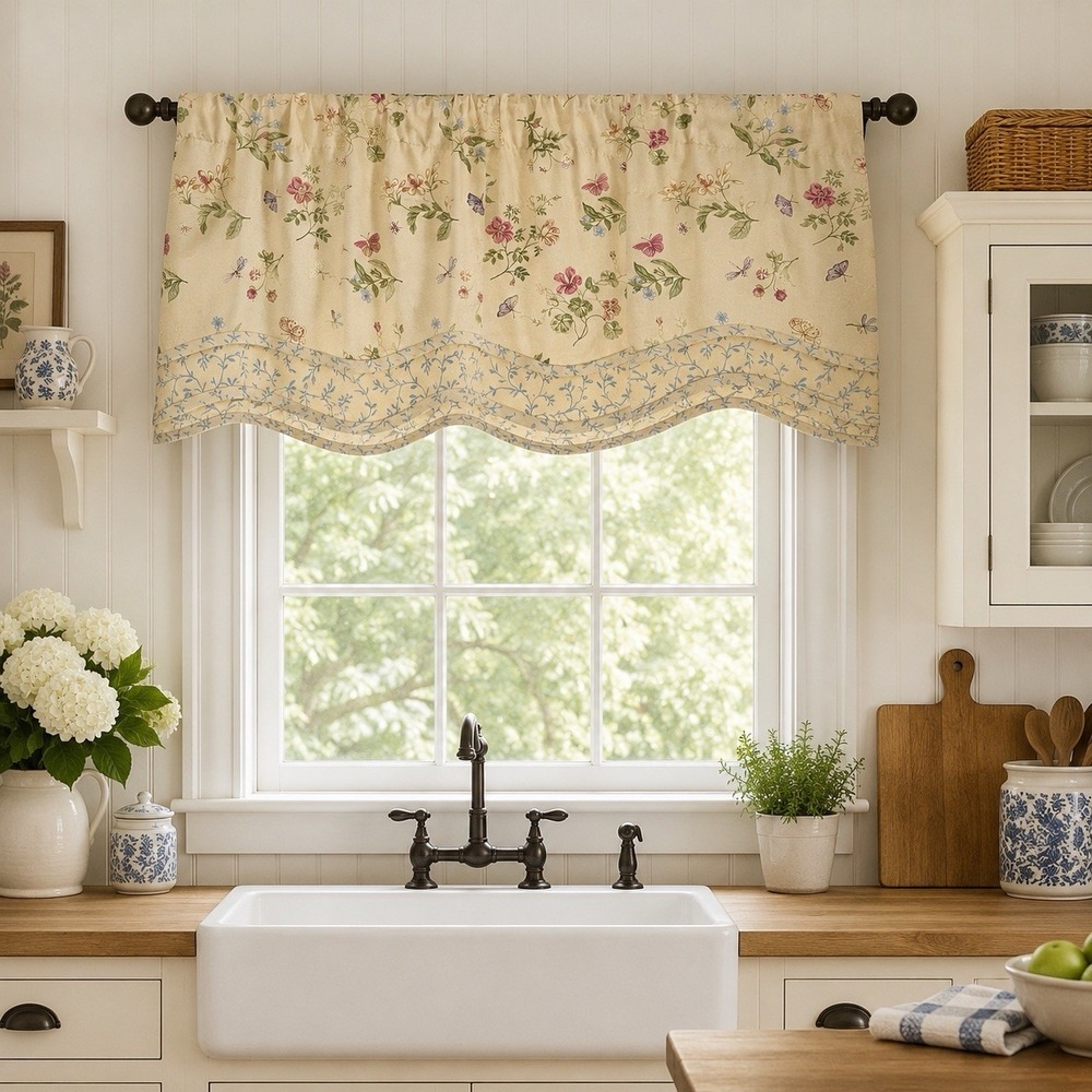 Waverly Williamsburg Two-Tier Fairfield Valance~Flowers+Butterfiles~ 78" X 16.5"